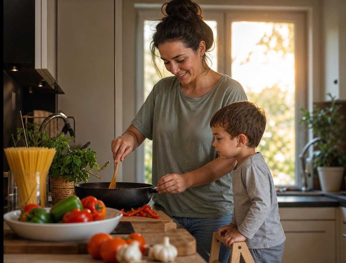 Madre preparando la cena en casa junto a su peque